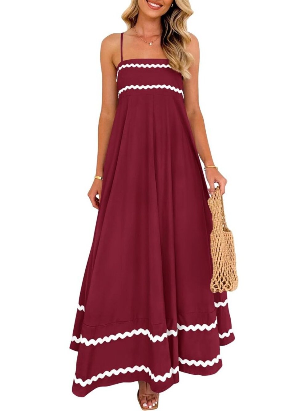 Women's Dark Red Flowy Maxi Summer Sleeveless Strap Ruffle Beach Long Dress